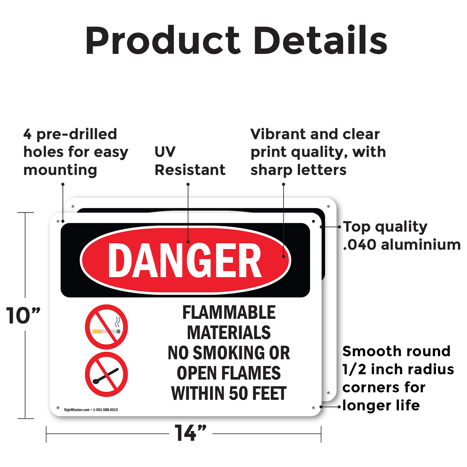 (2 Pack) Flammable Materials No Smoking 50 Feet OSHA Danger Sign Decal Metal