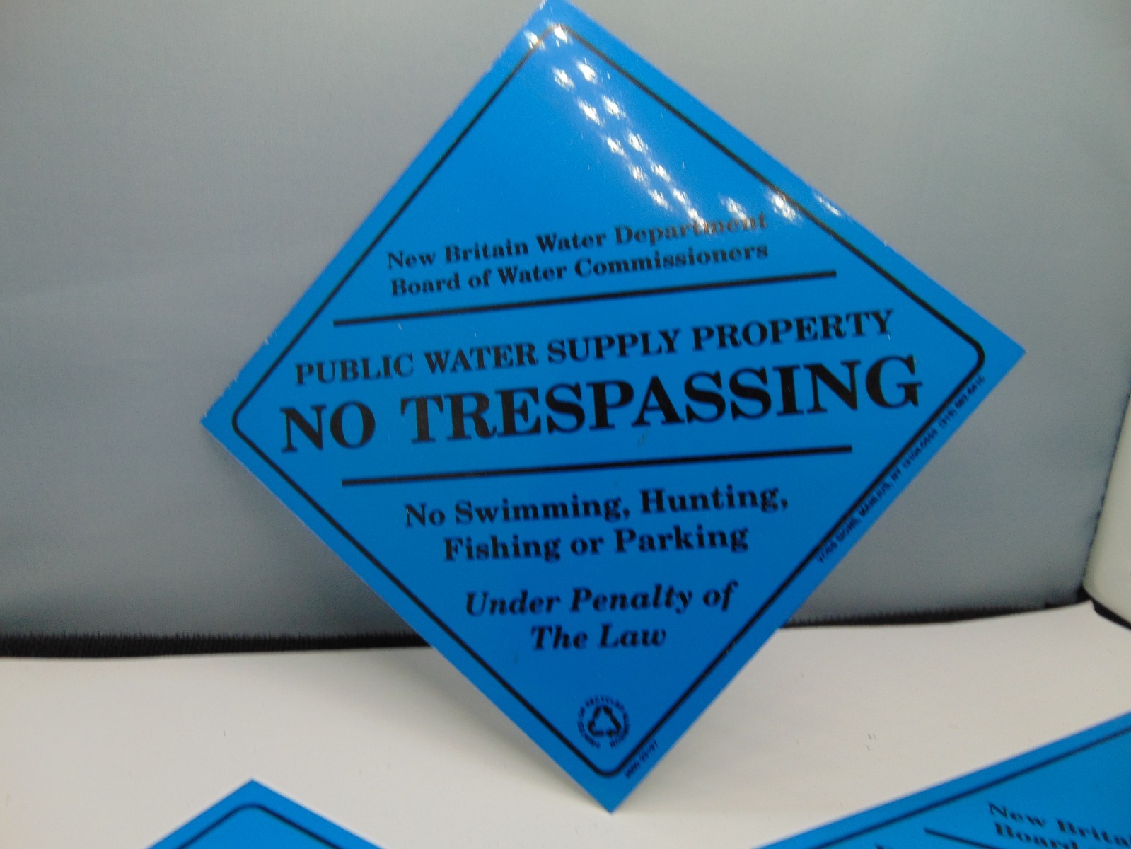 (3) Original New Britain Water Dept No Trespassing Diamond blue color signs 8&Prime;