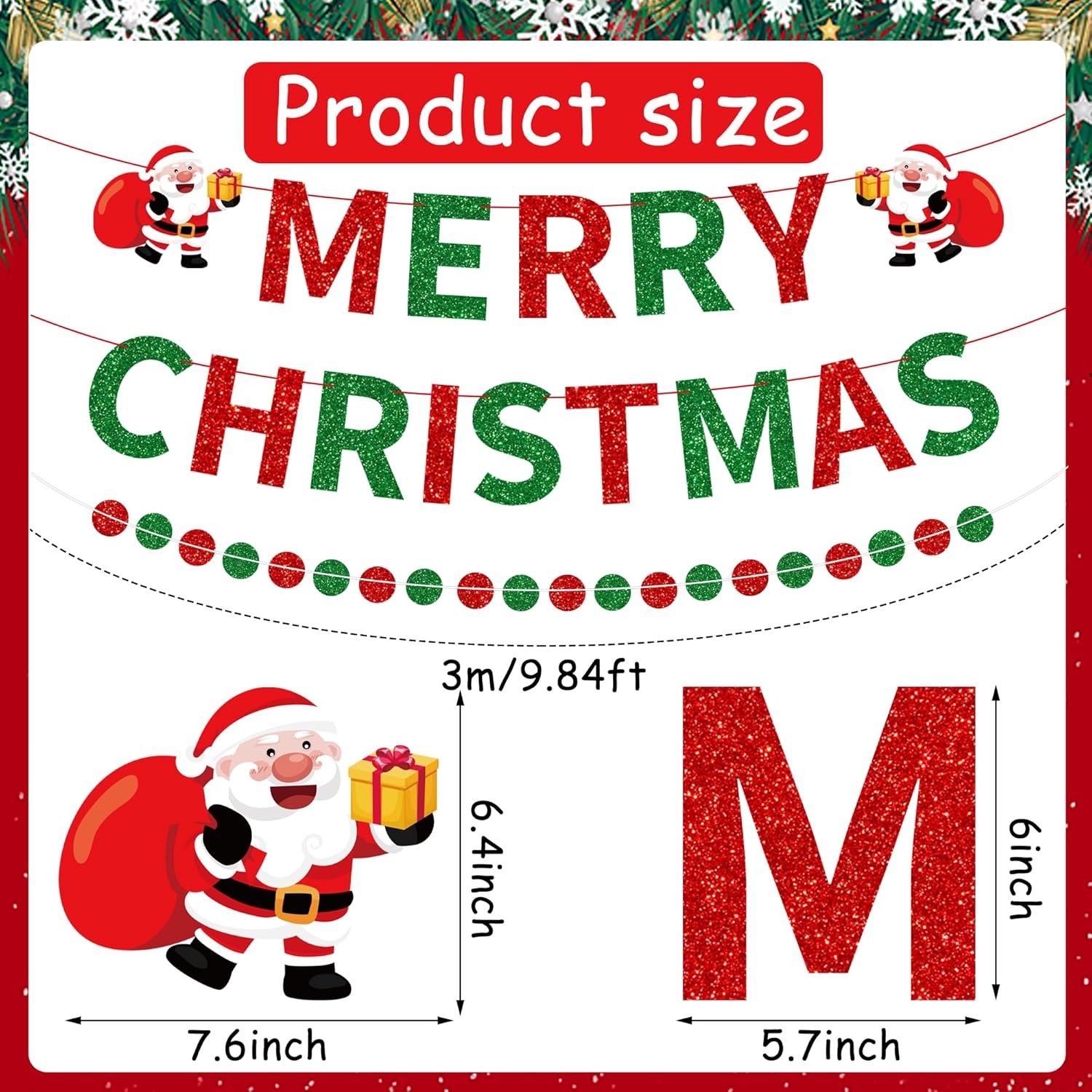3-Pack Merry Christmas Banner Red Green Glitter Santa Garland Holiday Decor