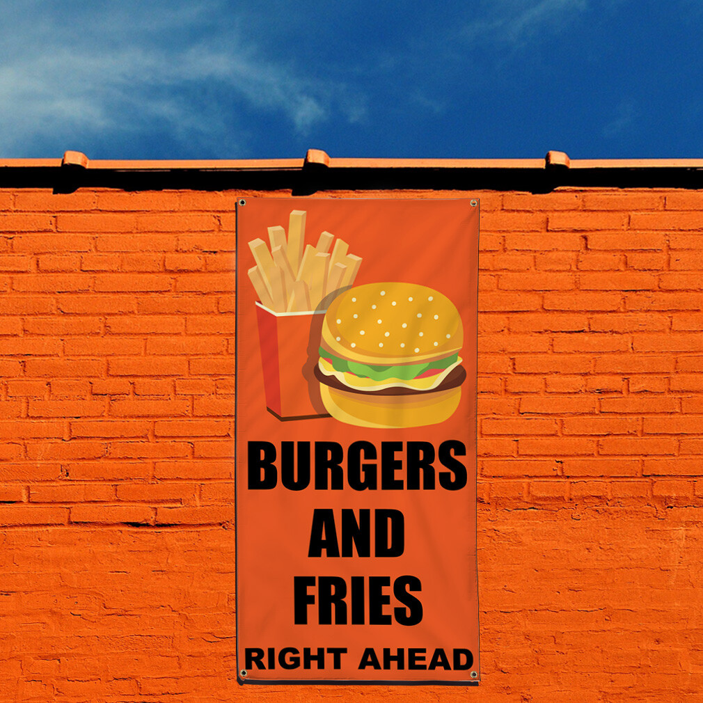 Vertical Vinyl Banner Multiple Sizes Burger and Fries Right Ahead Orange Black
