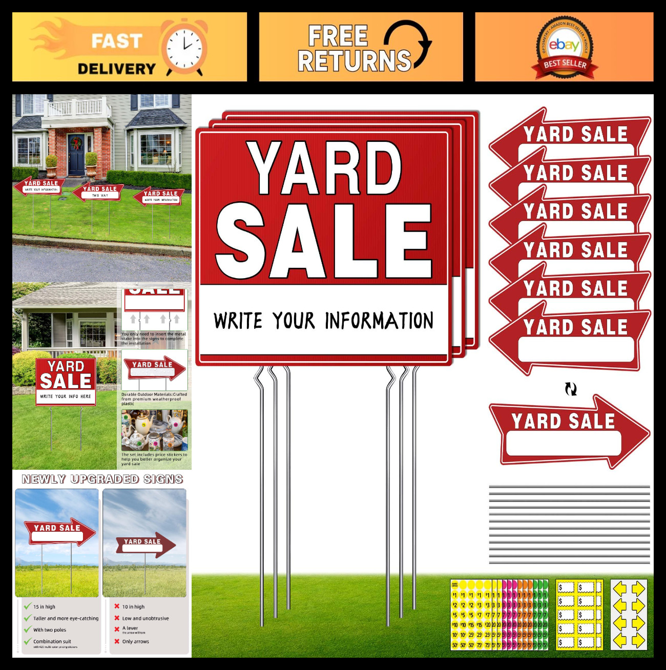14pcs Yard Sale Signs 17&Prime;x13&Prime; Double-Sided with Metal Stake, Pricing & Direction