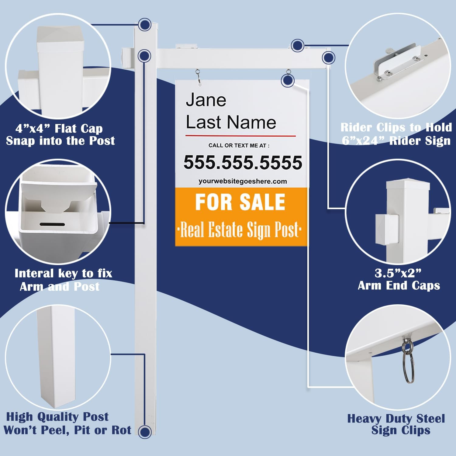 Vinyl PVC Real Estate Sign Post 6&prime; Tall (4&Prime;X 4&Prime;X 72&Prime;), Realtor Yard Sign Post wi