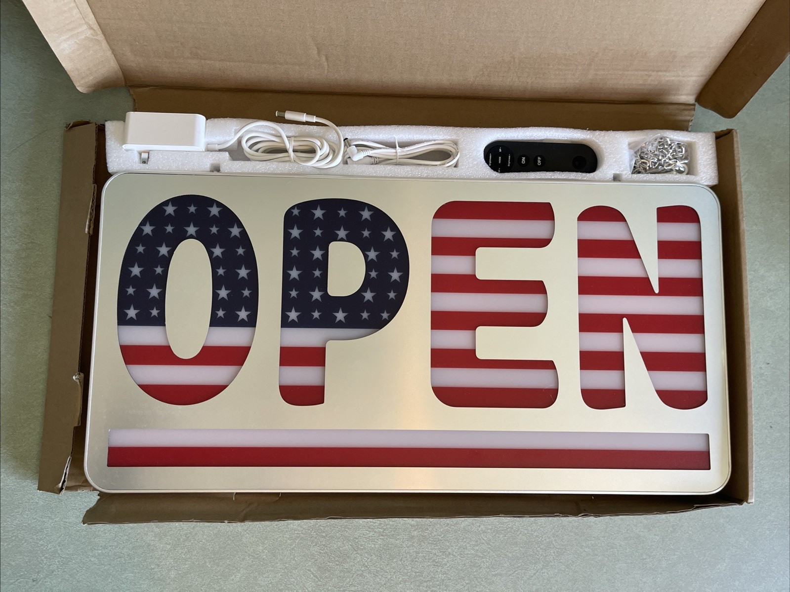 FUNZING 24 » x 12 » Bright Lighted Up Open Sign with Remote USA American Flag