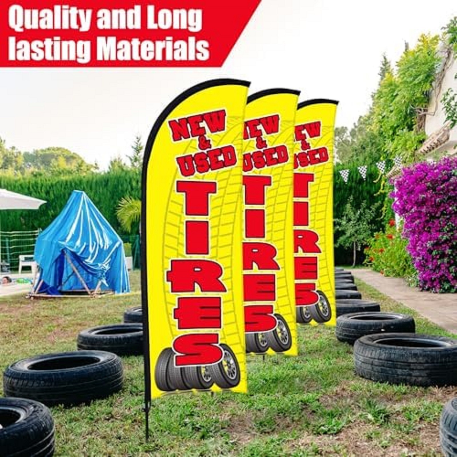 3 Sets Tires Shop Feather Flags with Poles 7Ft New and Use Tires Flags for Busin