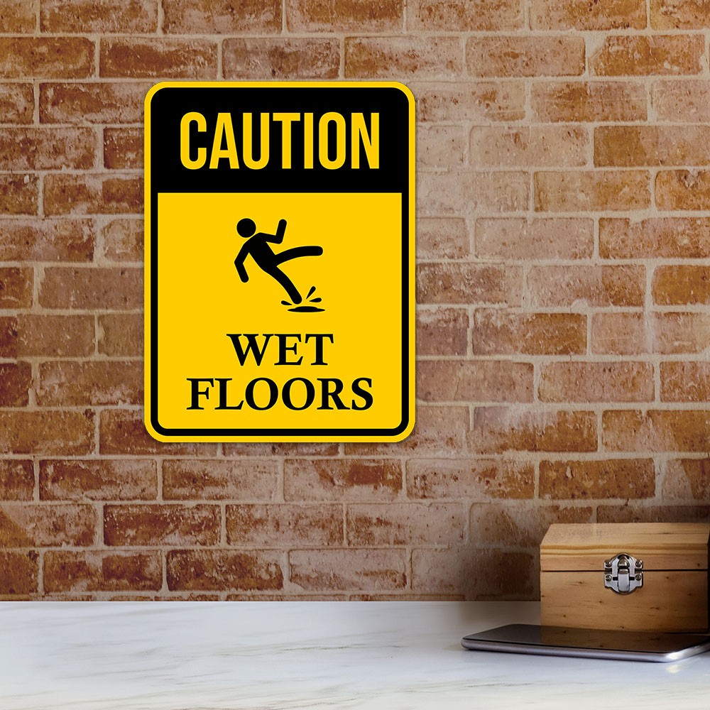 Portrait Round Plus Caution Wet Floors Wall or Door Sign
