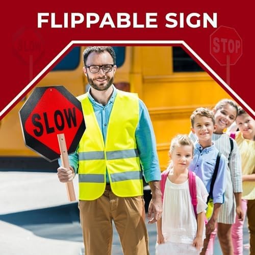 Handheld Stop Slow Signs with Wooden Handle – 12&Prime; x 12&Prime; Double-sided Crossing…