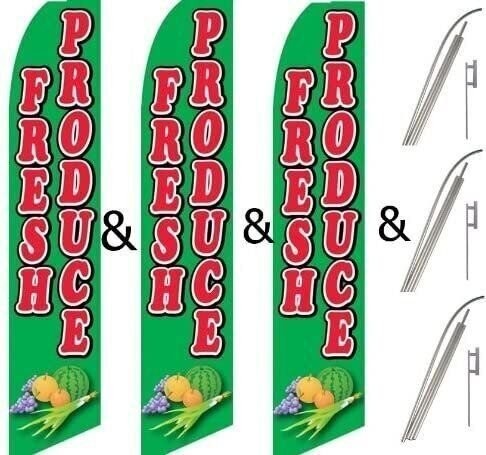 Three (3) Pack Swooper Flags & Pole Kits Fresh Produce Red White Green Pictures