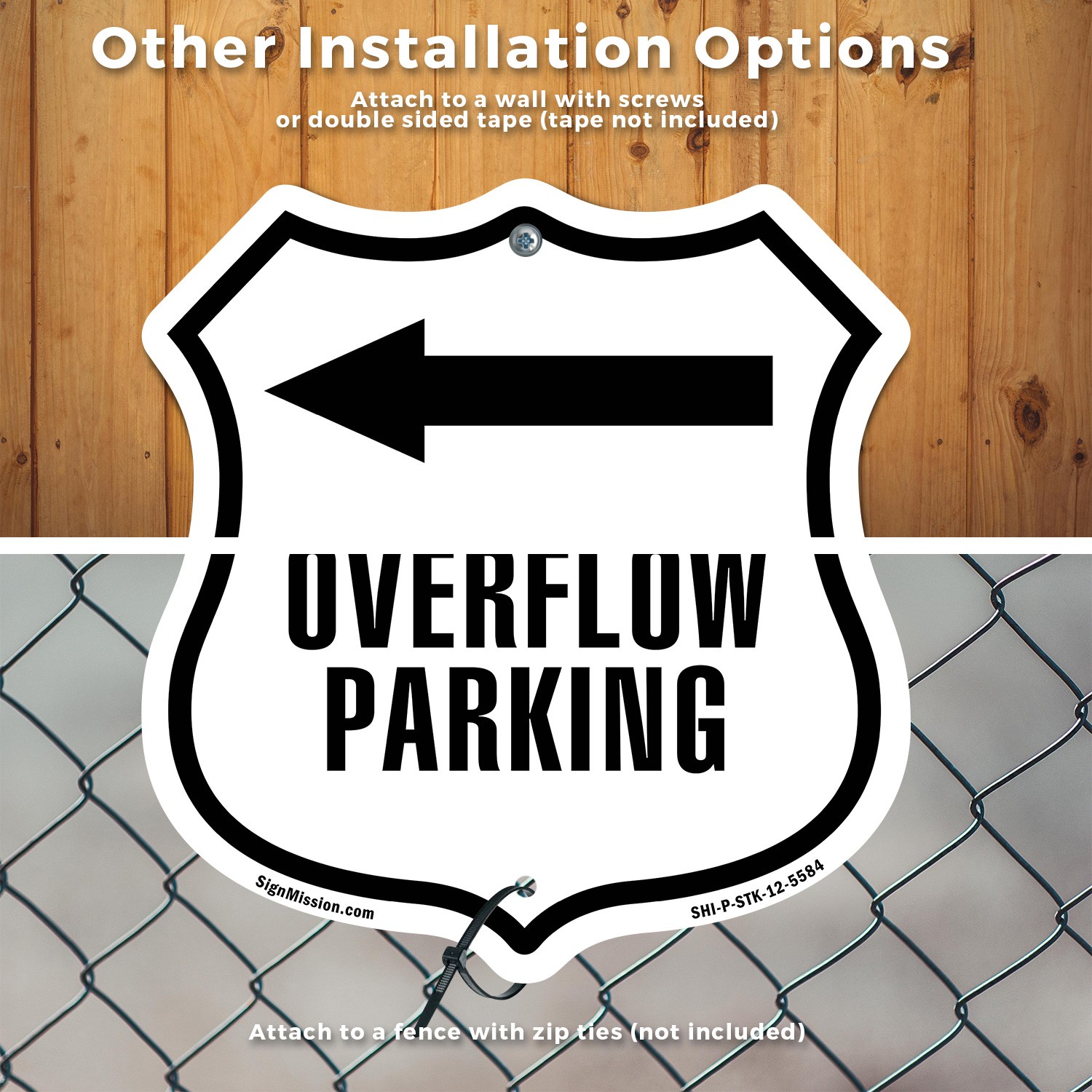 Overflow Parking Left Shield Shaped Sign With Stake Crafted in the USA