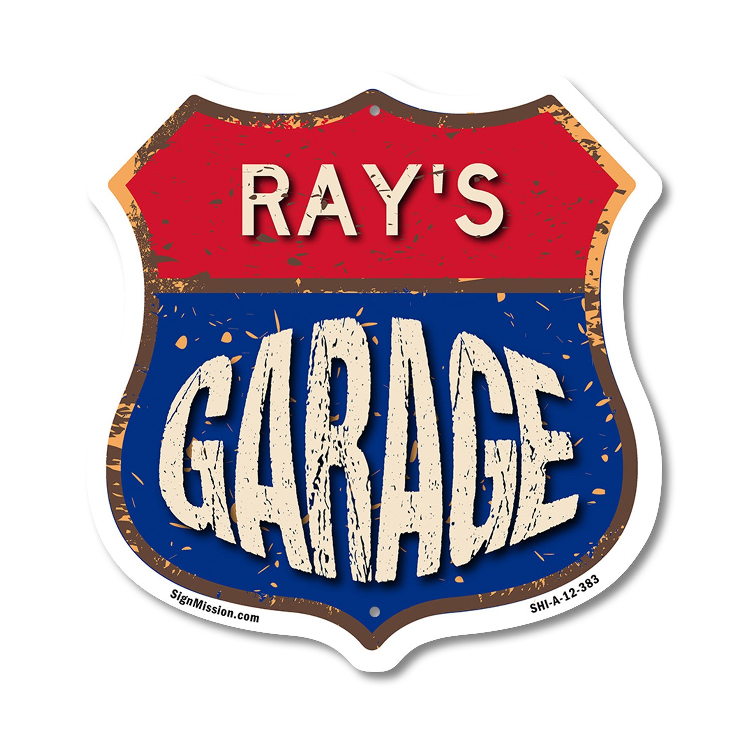 Ray&rsquo;s Garage Shield Shaped Sign Weather Resistant Crafted in the USA