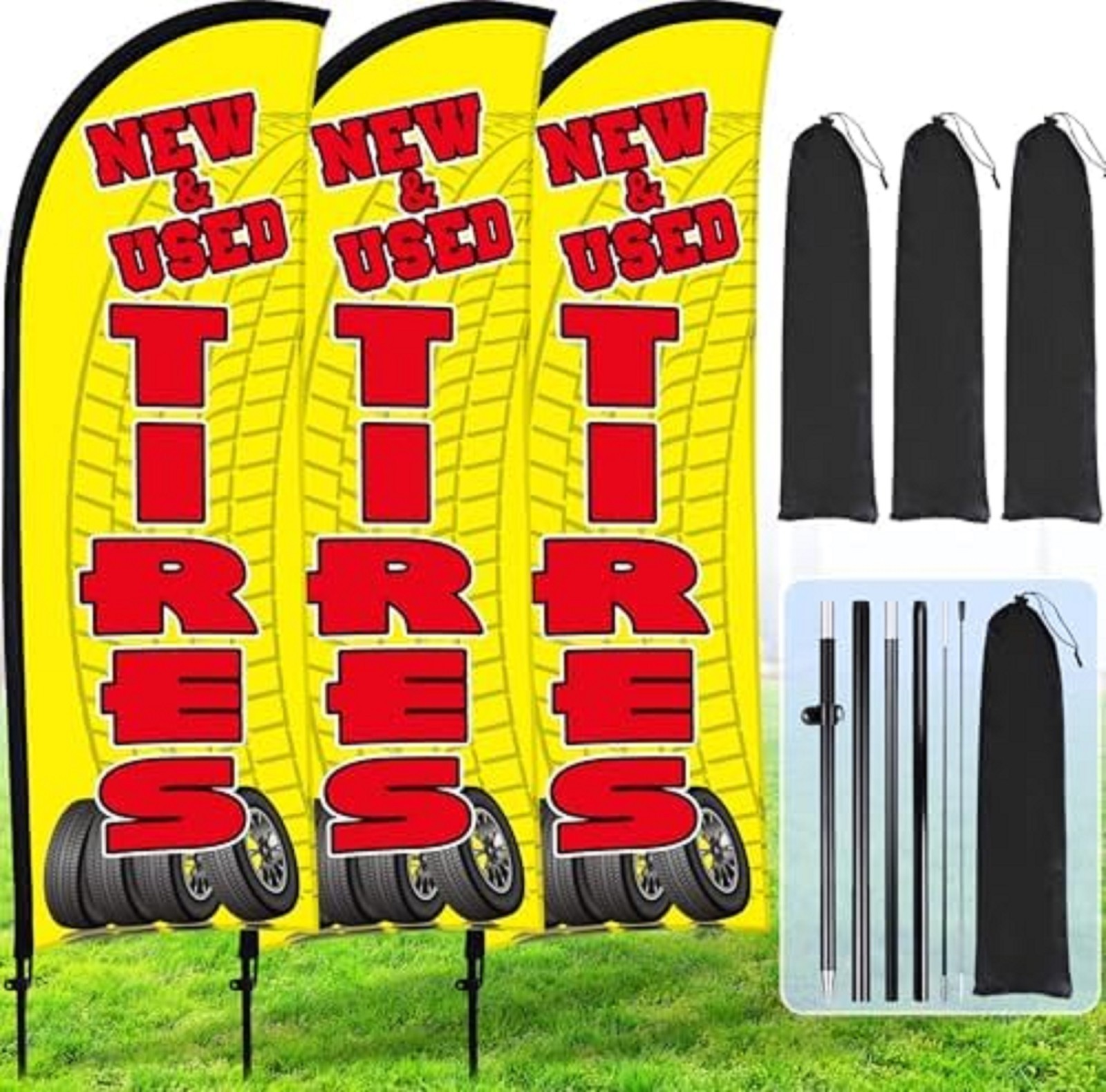 3 Sets Tires Shop Feather Flags with Poles 7Ft New and Use Tires Flags for Busin