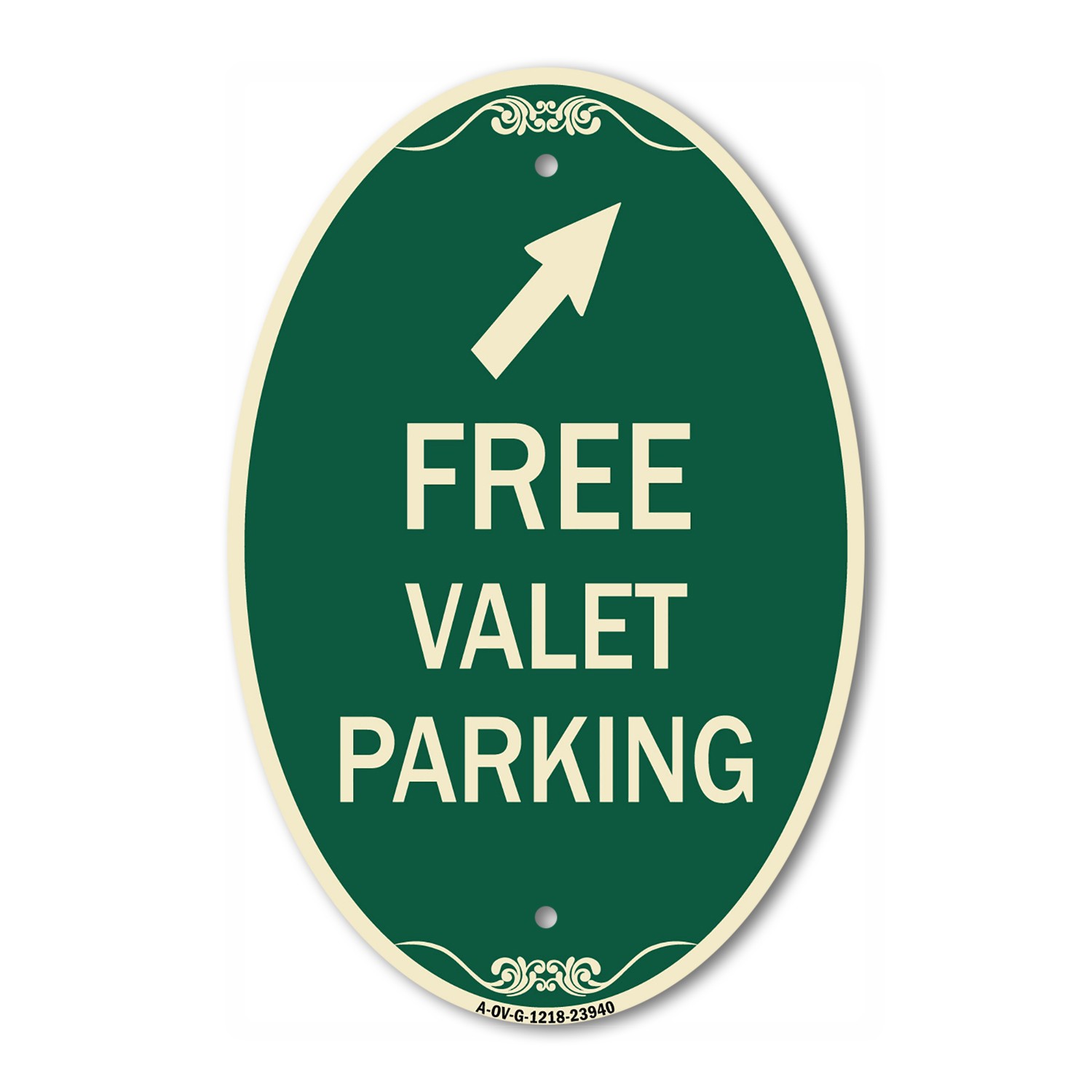 Free Valet Parking with Upper Right Arrow 12&Prime; x 18&Prime; Green Aluminum Oval Sign