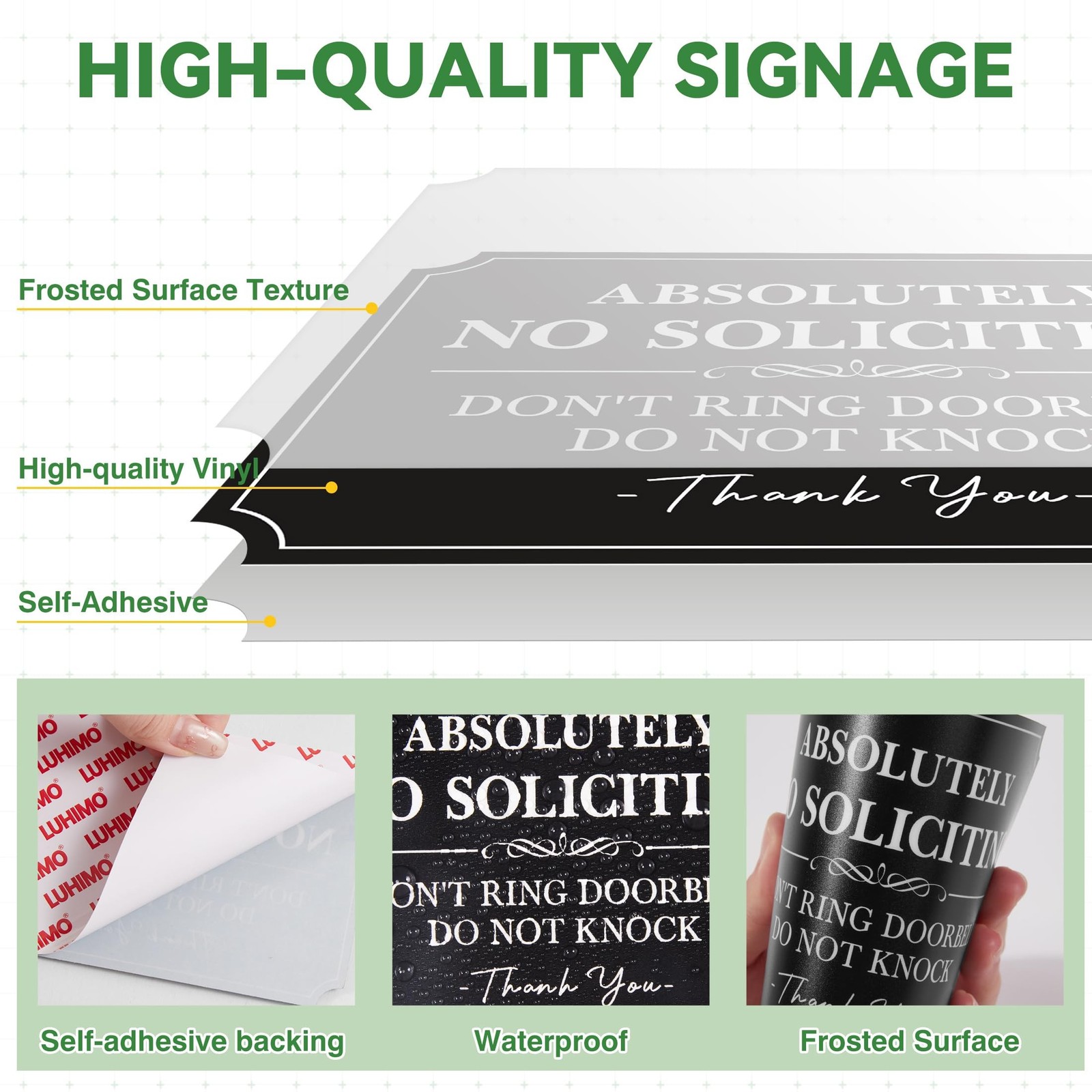 2PCS No Soliciting Sign for Front Door，Self-Adhesive Elegant No Solicitin