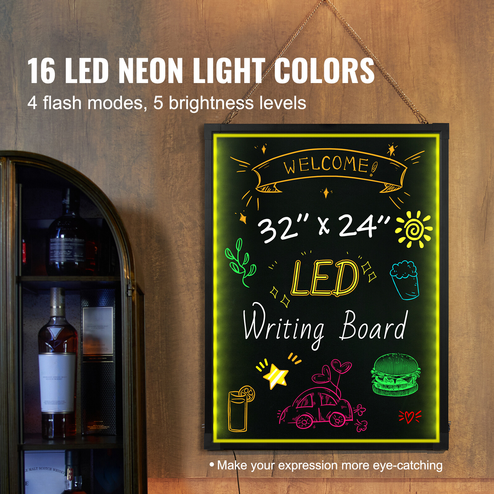VEVOR LED Message Writing Board 32&Prime;x24&Prime; Illuminated Erasable Lighted Chalkboard