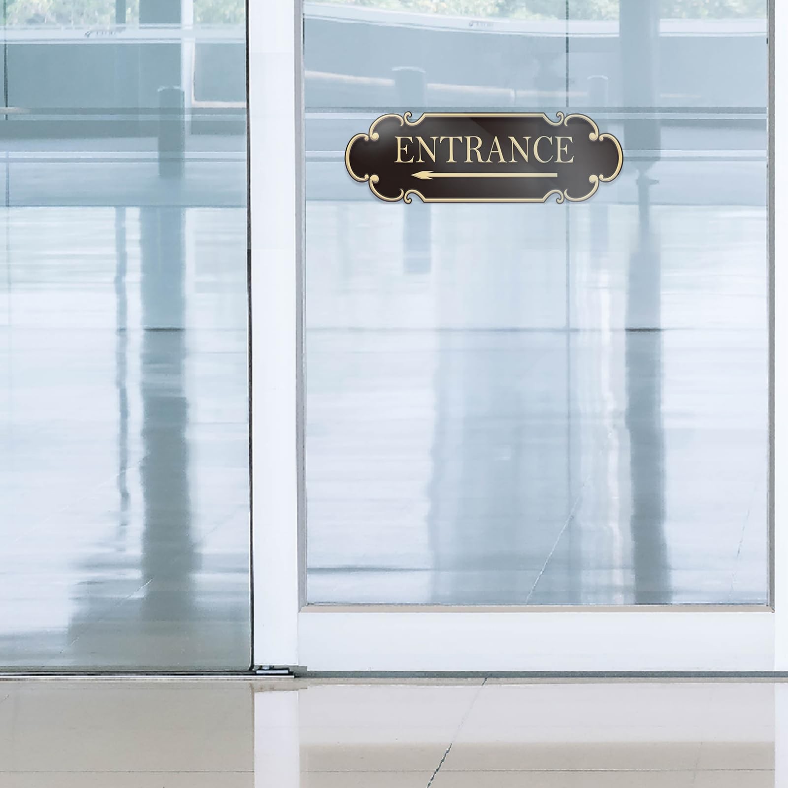 9×3 Inch Entrance Sign With Left Arrow Acrylic SelfStick Black Gold