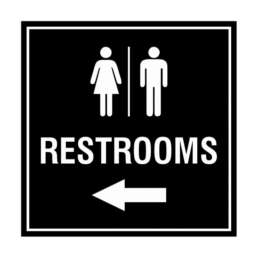 Square Restrooms left arrow Sign with Adhesive Tape Black – Large 1 Pack
