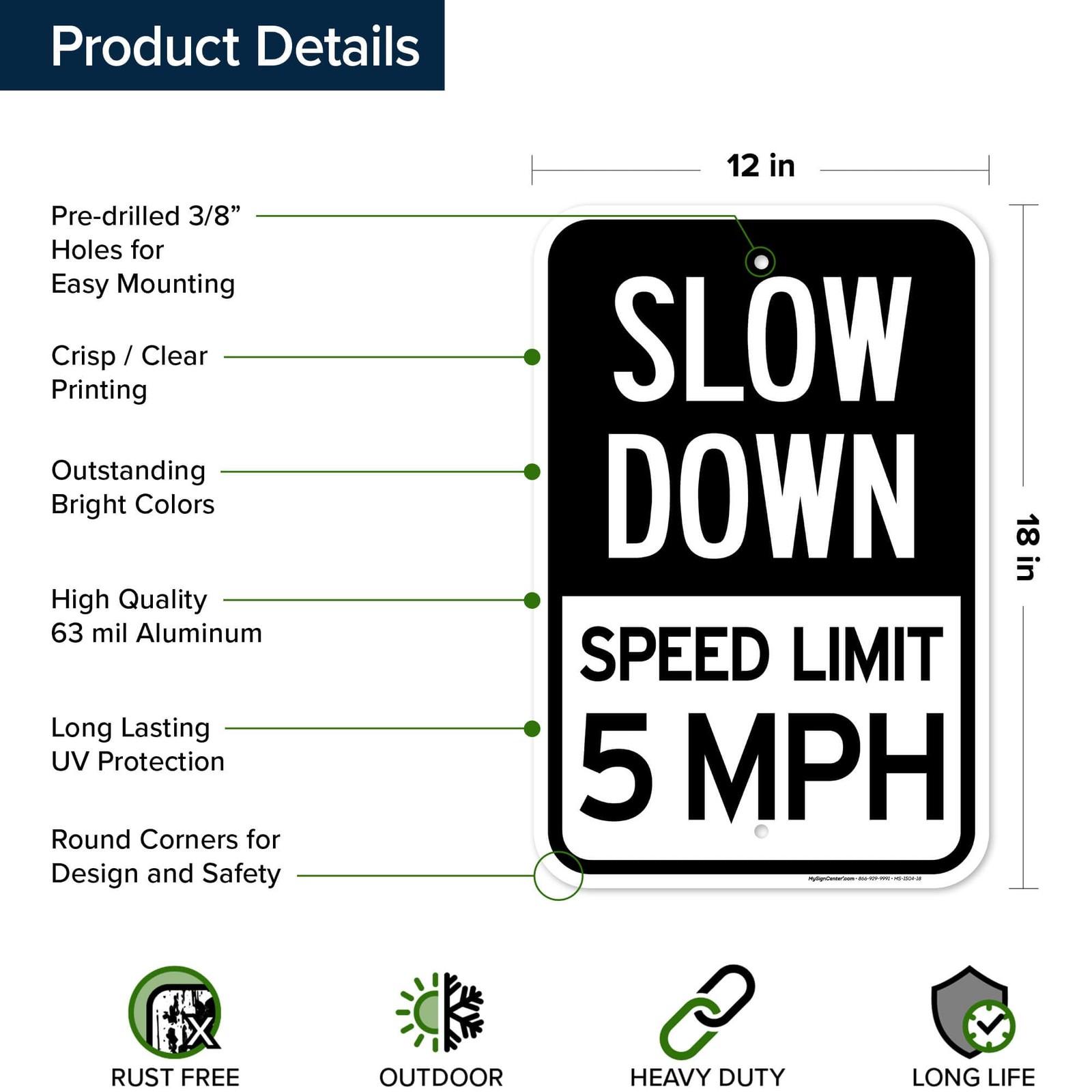 Slow Down Speed Limit 5 MPH Sign, 12 x 18, Reflective 0.63 Aluminum, Fade