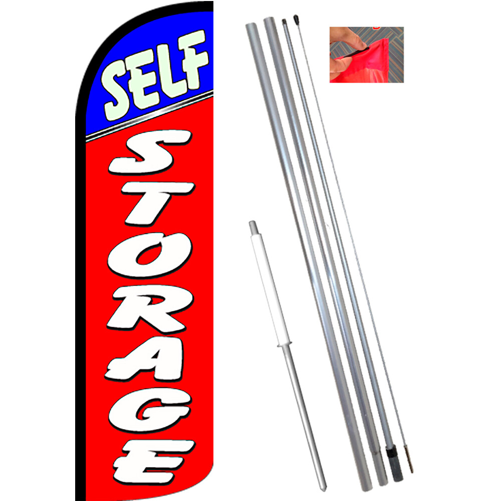 SELF-STORAGE (Blue/Red) Windless Feather Flag Bundle (Kit OR Flag Only)