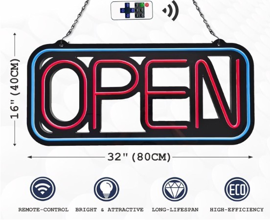 Neon LED Hanging Open Sign for Business Store Bar Salon 32 x 16 Inch with Remote