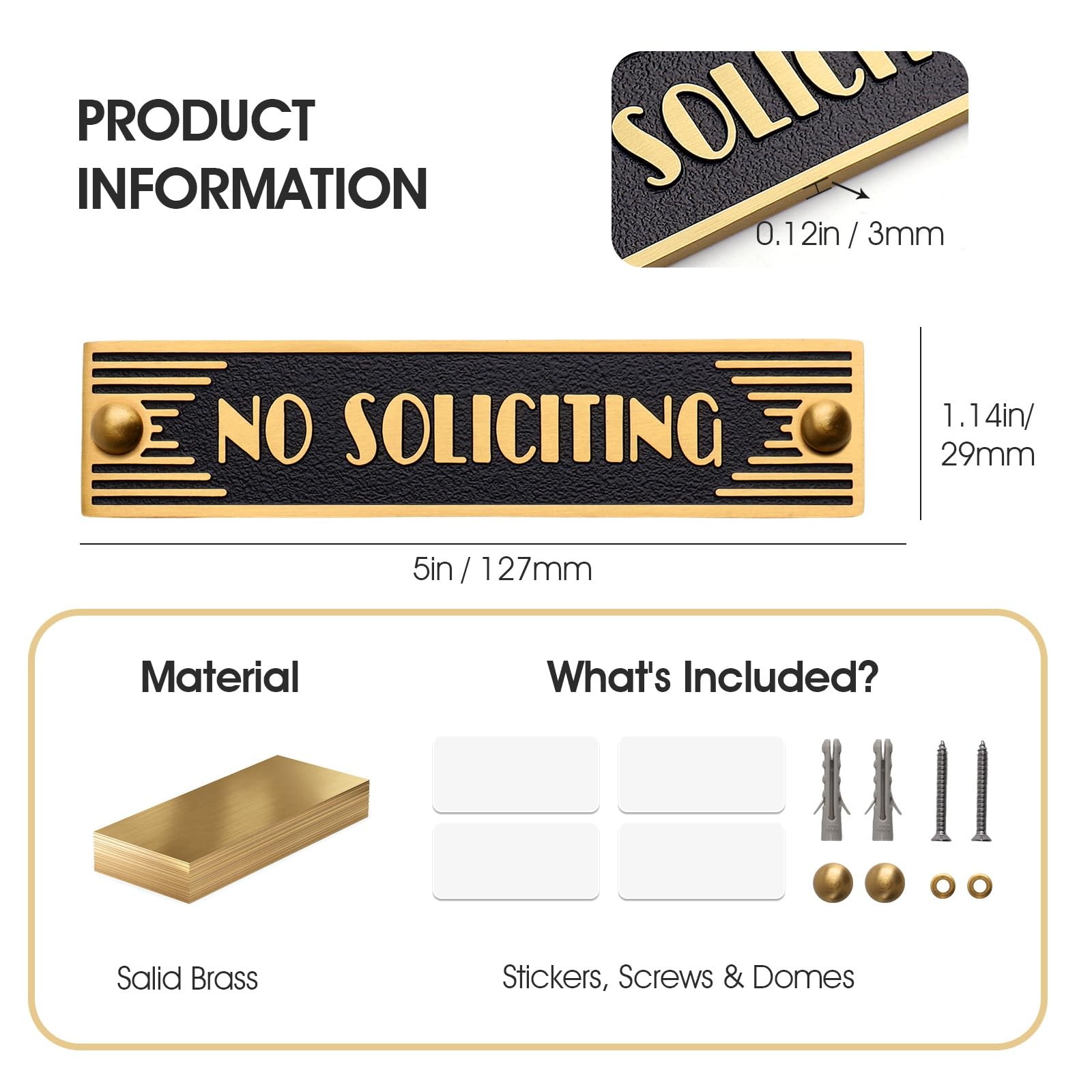 Brass No Soliciting Sign 5 Inch Classic Art Deco Brushed Matte Home Office