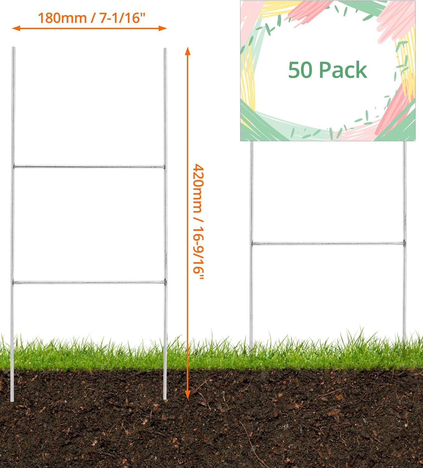 50 Pack 16.5×7 H Frame Wire Stakes Galvanized 9 Gauge Yard Sign Holders Outdoors