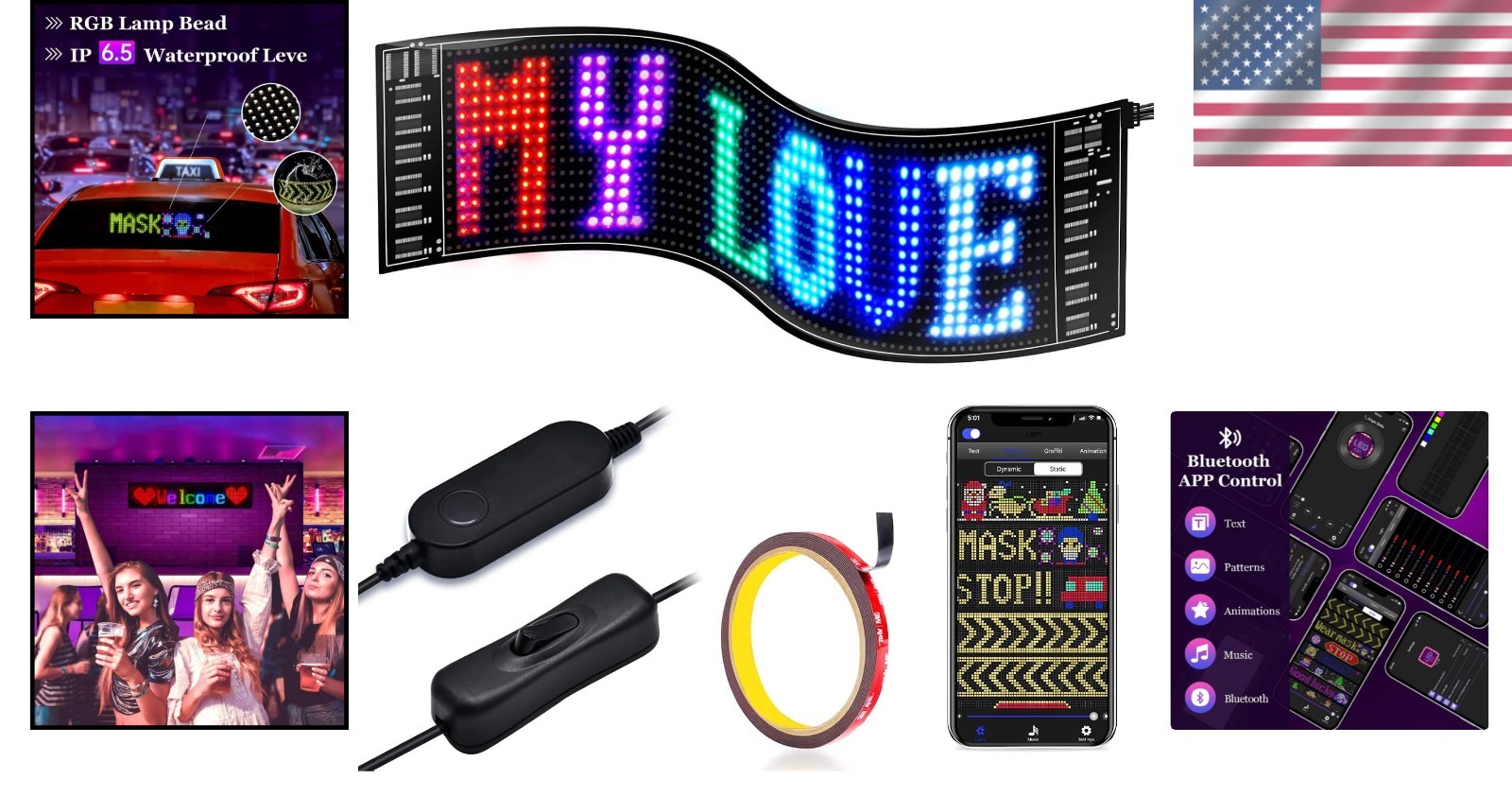 Portable LED Sign for Car, Flexible Design, Bluetooth App