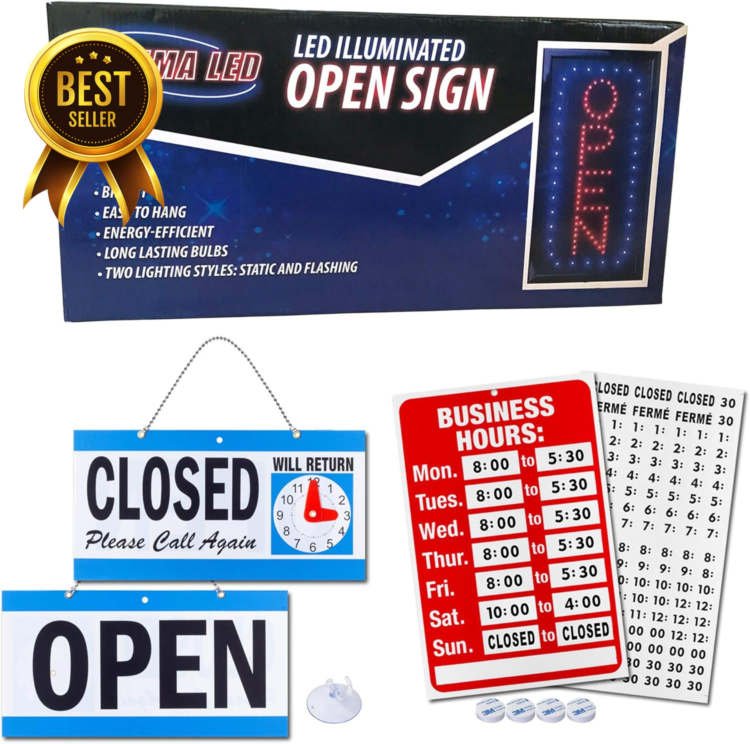 Vertical LED Open Sign with Flashing Mode Business Hours Open Closed Display