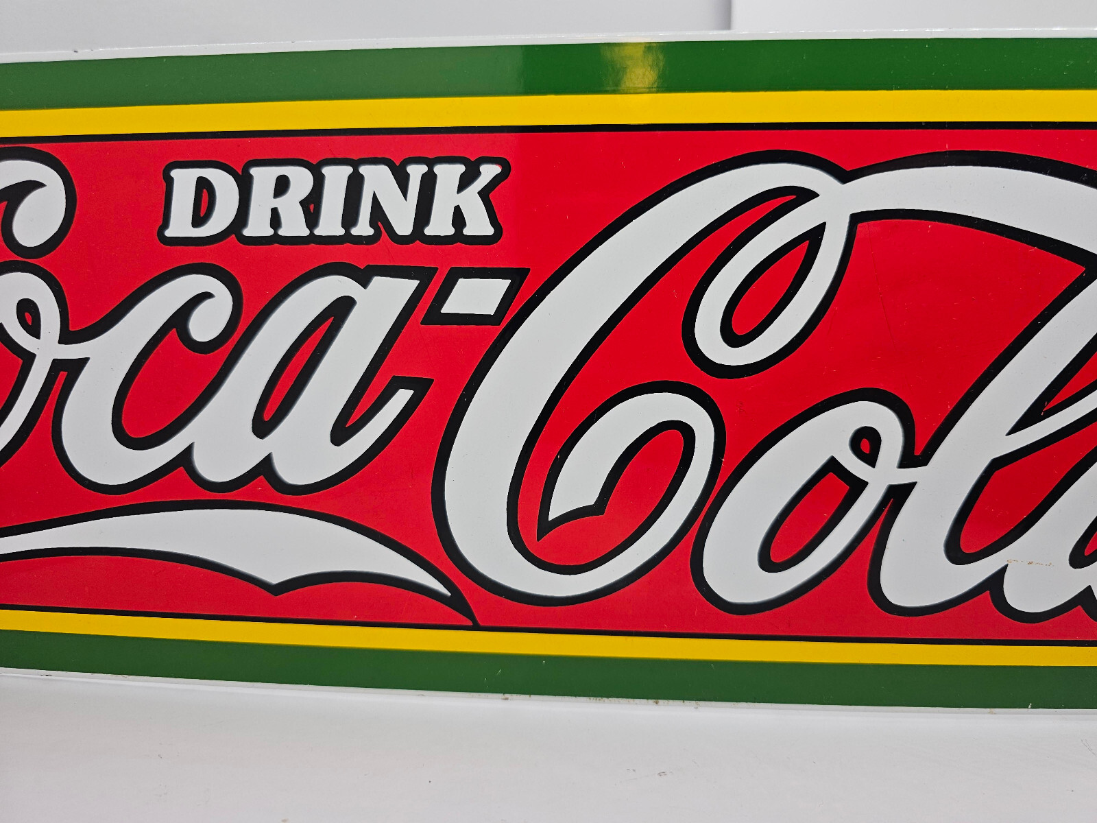 Vintage 1989 Coca Cola Porcelain Advertising Sign Classic Red & Green 18&Prime; x 6&Prime;