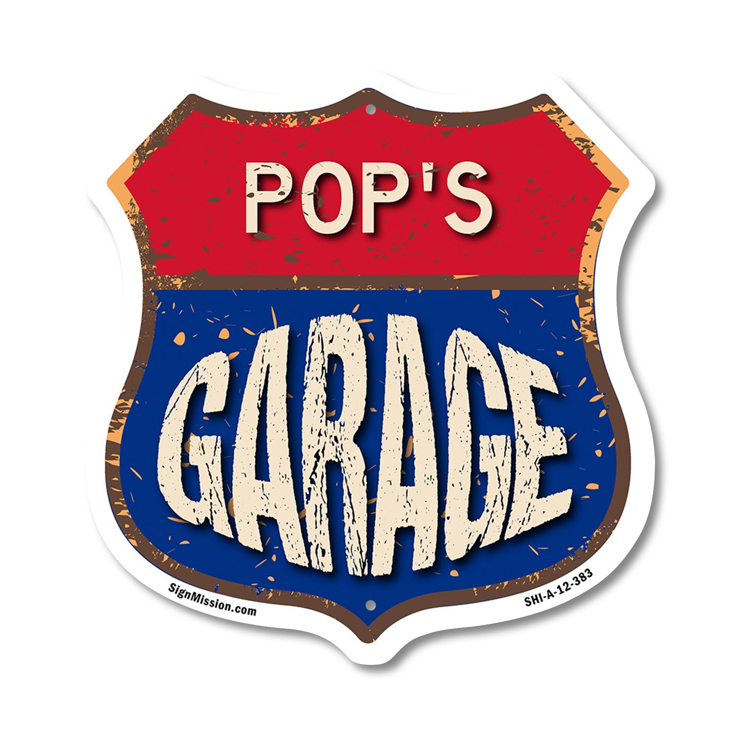 Pop&rsquo;s Garage Shield Shaped Sign Weather Resistant Crafted in the USA