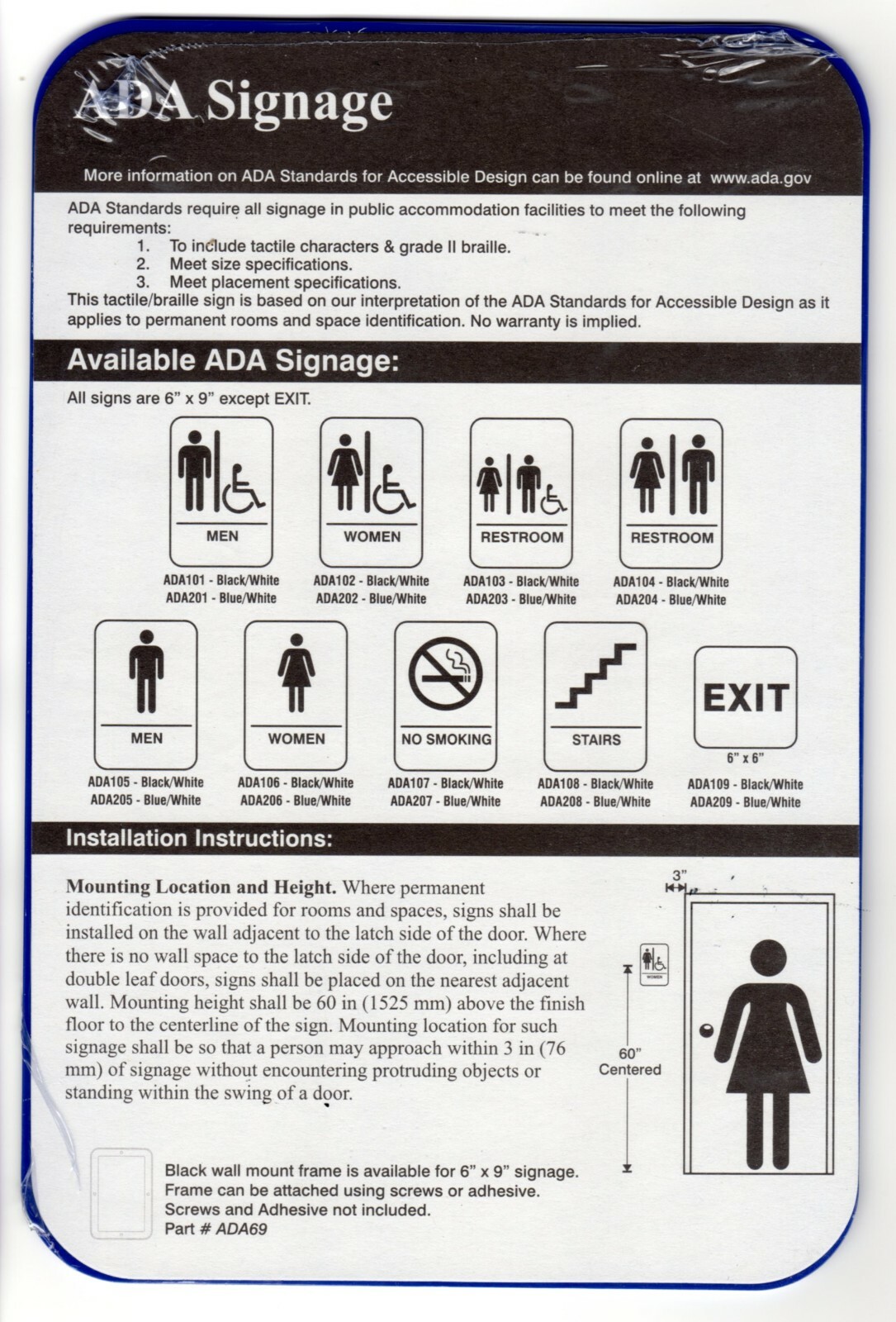 ADA Sign, NO SMOKING, Black, with Braille text 6&Prime;x9&Prime;
