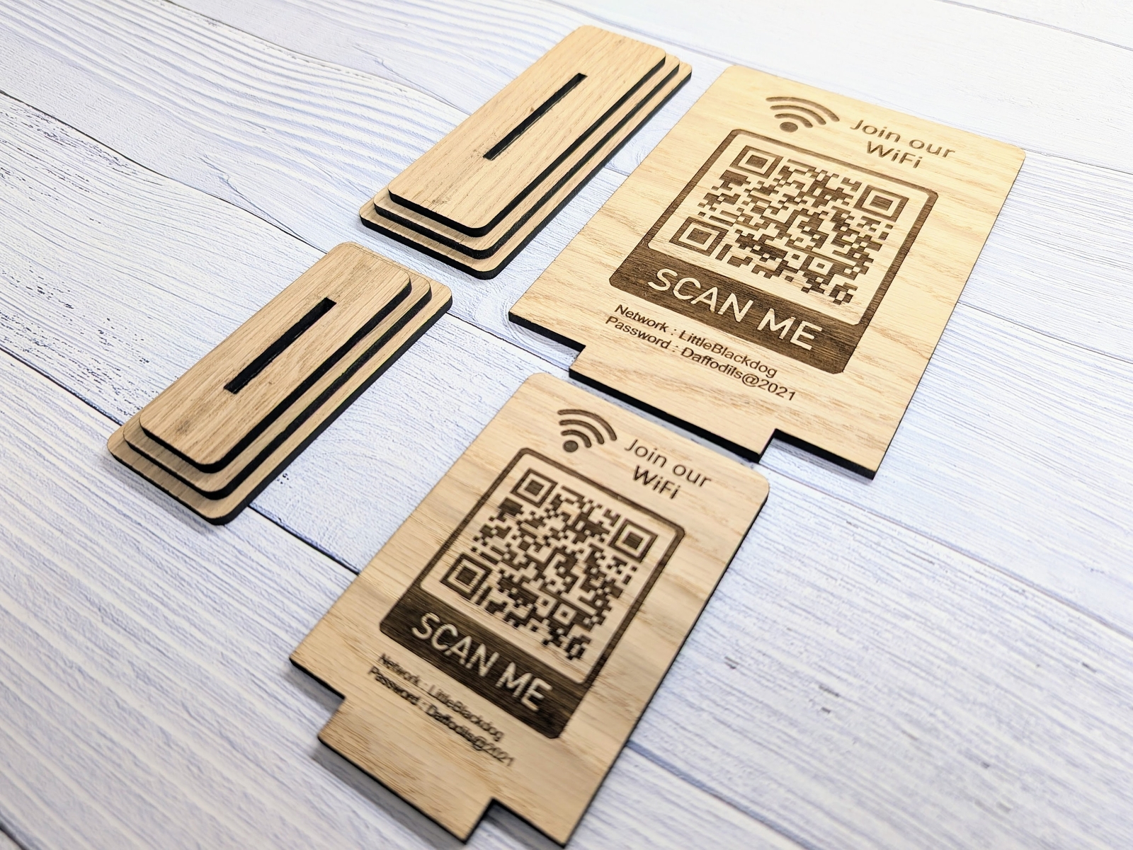 Wooden WiFi QR Code Sign, Network Password Table Display, 2 Sizes, 1 or 2 Sided