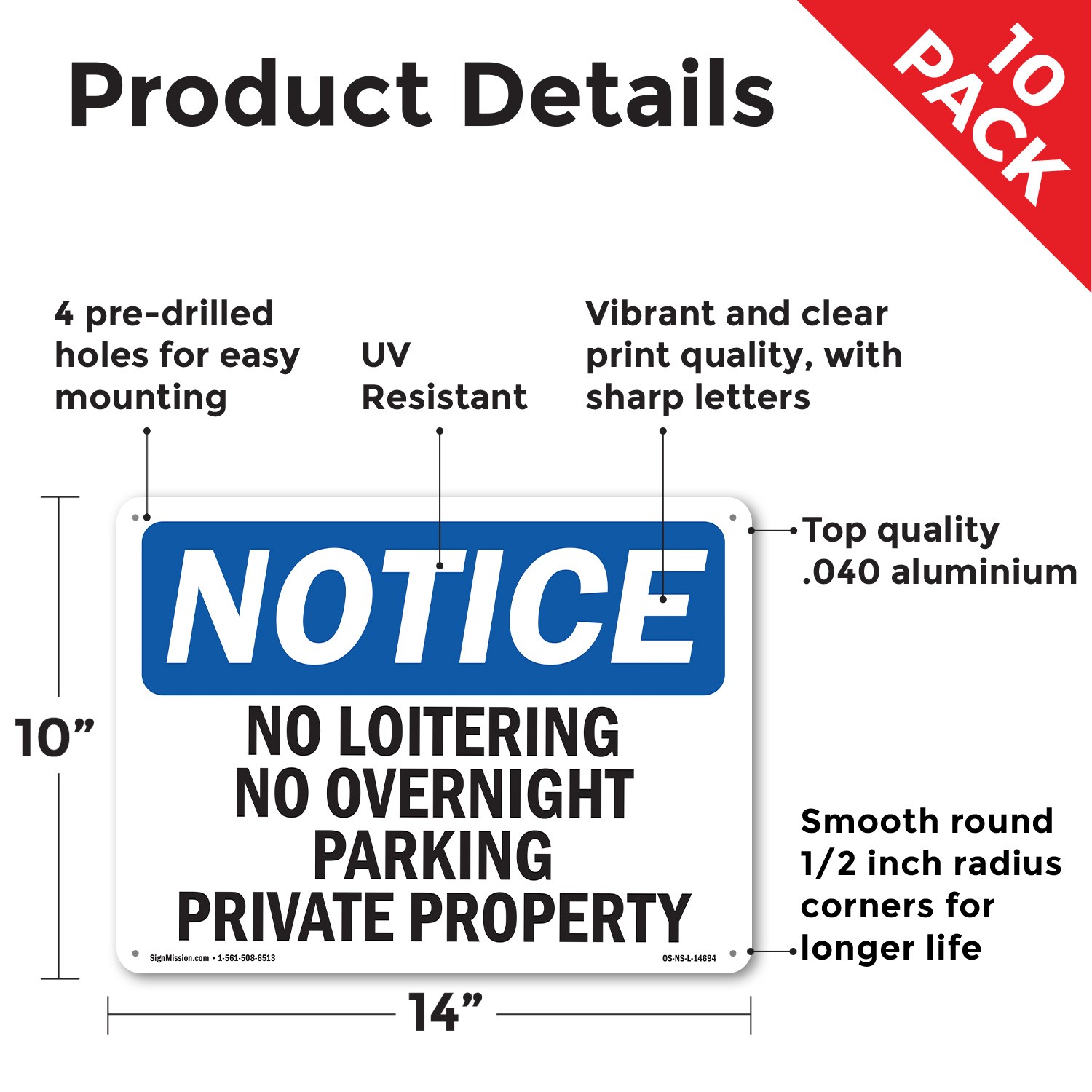 No Loitering No Overnight Parking Private Property OSHA Notice Sign 5/10 Pack
