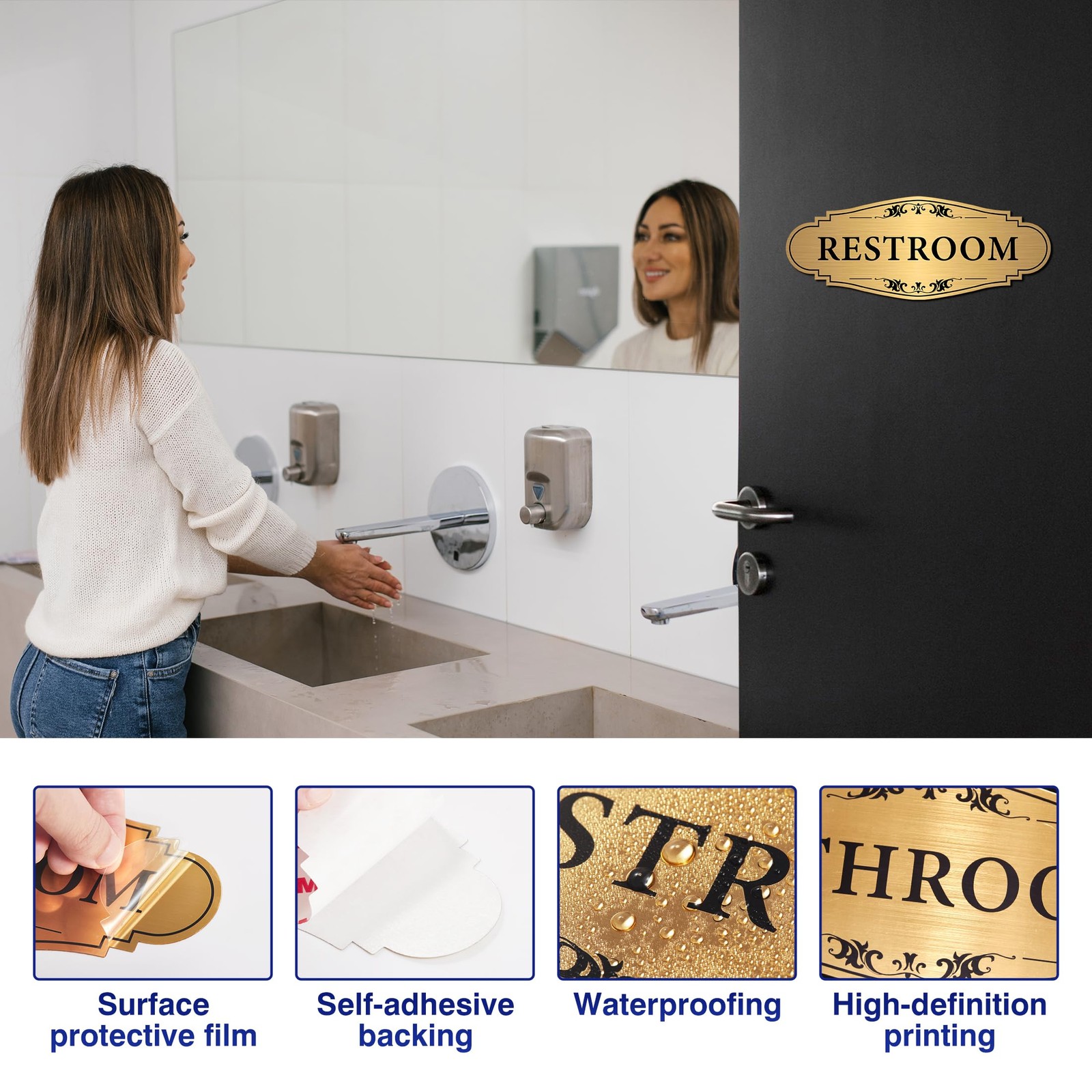 Restroom Sign Sticker for Business & Home, 9IN, Gold 012