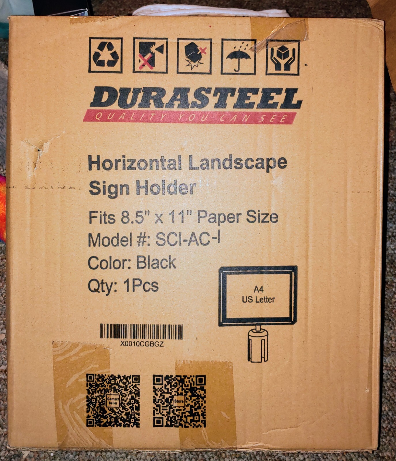 DURASTEEL Horizontal Landscape Sign Holder – NEW IN BOX – Fits 8.5&Prime; x 11&Prime; Paper