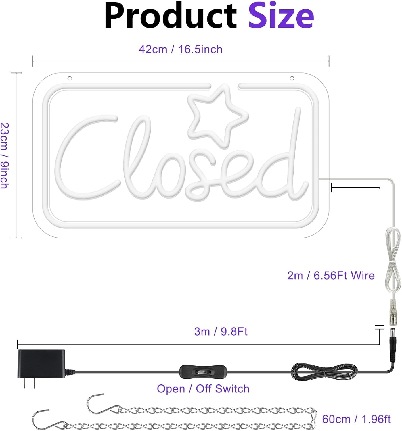 Bright Neon Closed Sign – 16.5&Prime;x9&Prime; LED with ON/OFF Switch for Business Use
