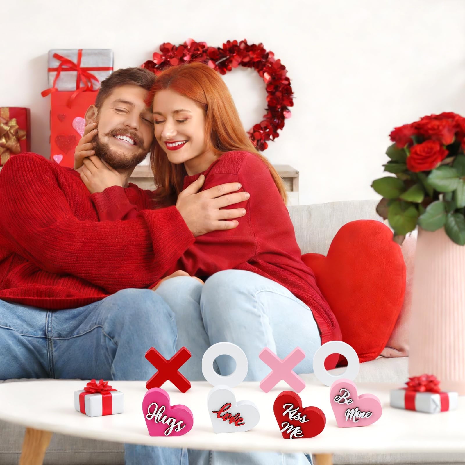 8 PCS Valentines Day Wooden Heart XOXO Table Signs Tiered Tray Decorations