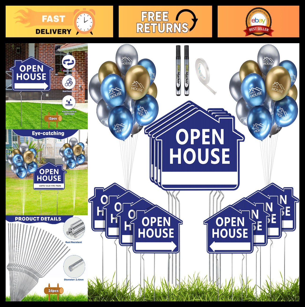 63 Pcs Open House Signs with Stakes, Double-Sided Yard Signs & Balloons, 12×16