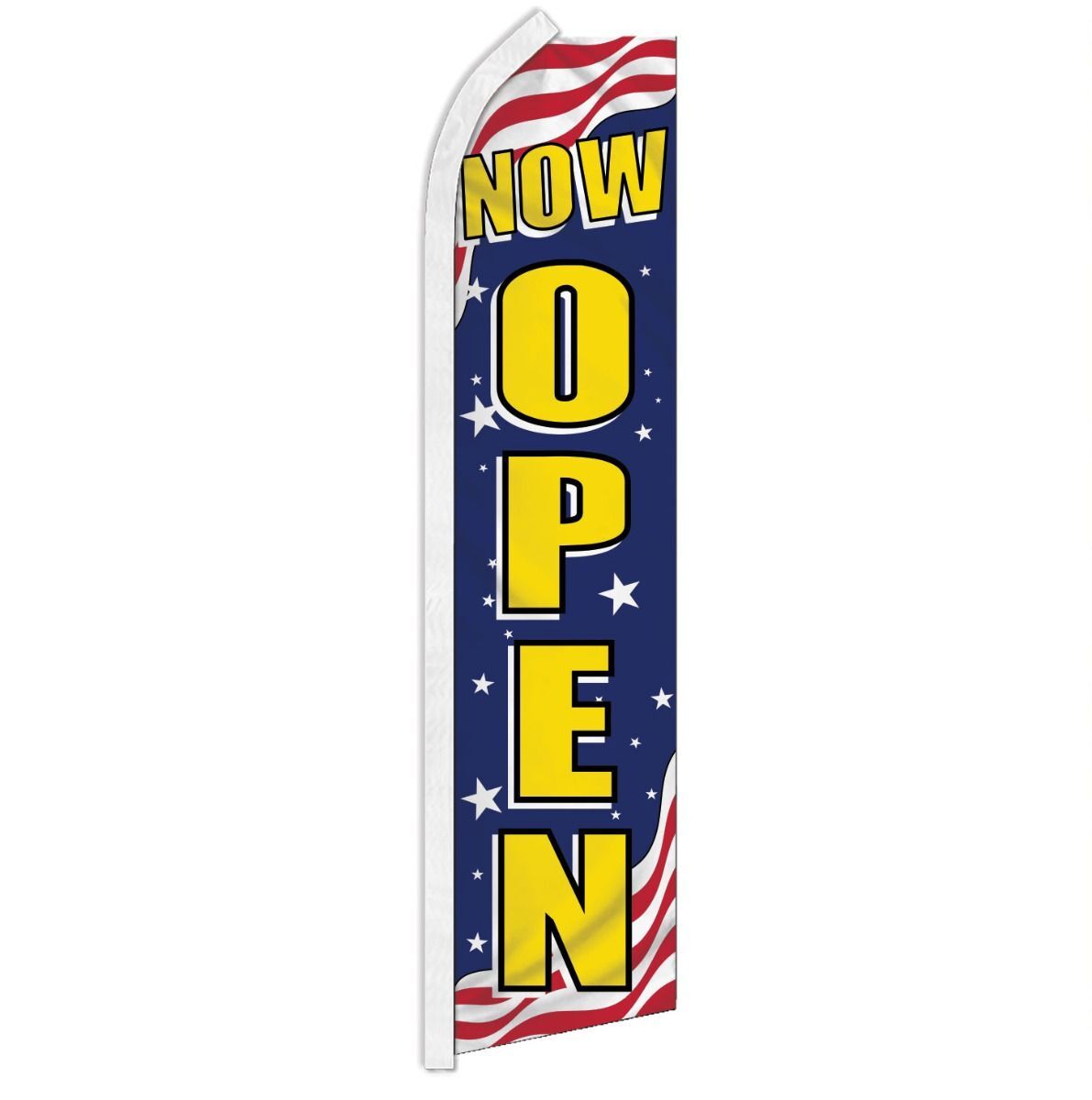« NOW OPEN » advertising super flag swooper banner business sign welcome patriotic