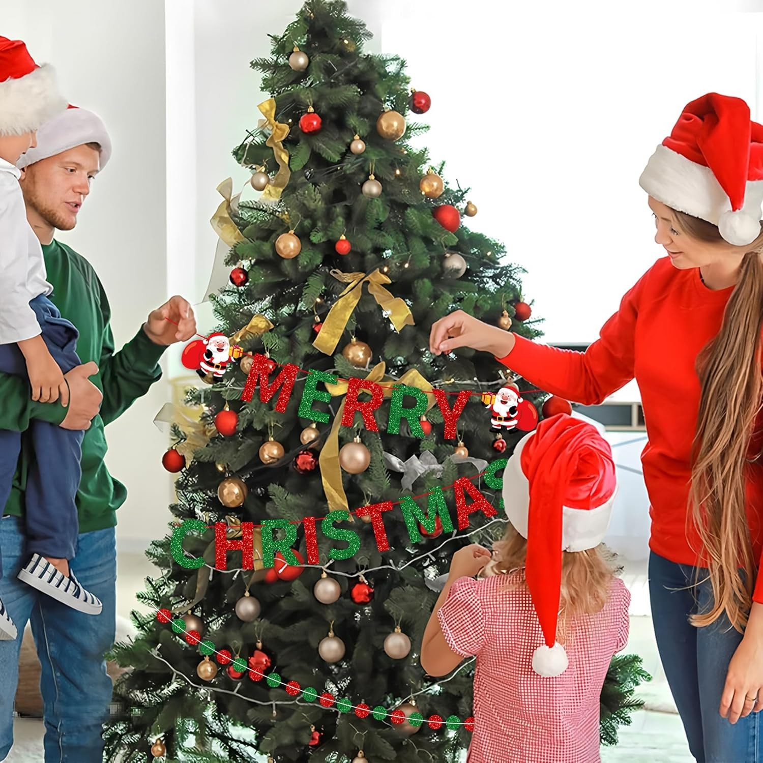 3-Pack Merry Christmas Banner Red Green Glitter Santa Garland Holiday Decor