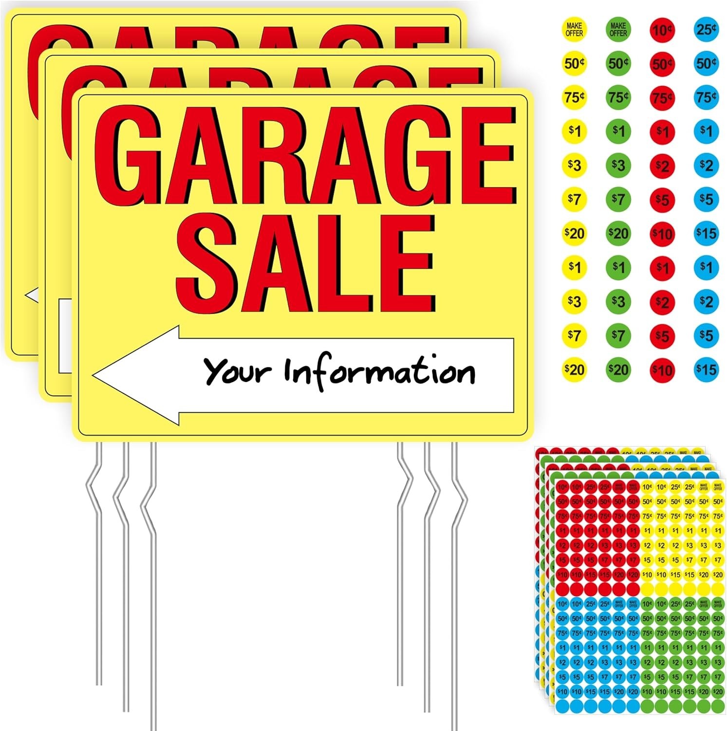 3PCS Bright Yellow Double-Sided Garage Sale Signs with Stakes & Price Labels