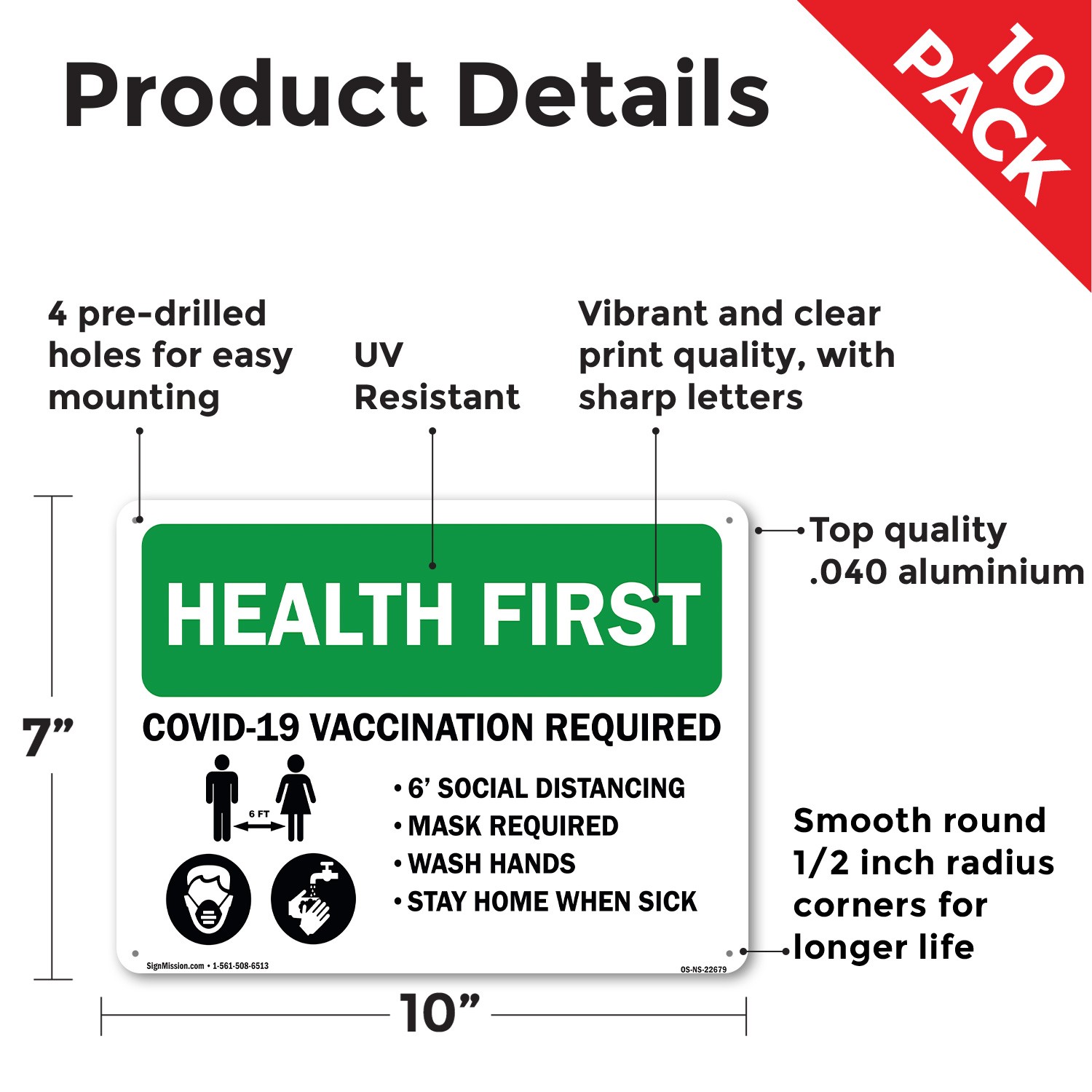 Health First – Covid Vaccination Required Public Safety Sign, Decal 5 or 10 Pack