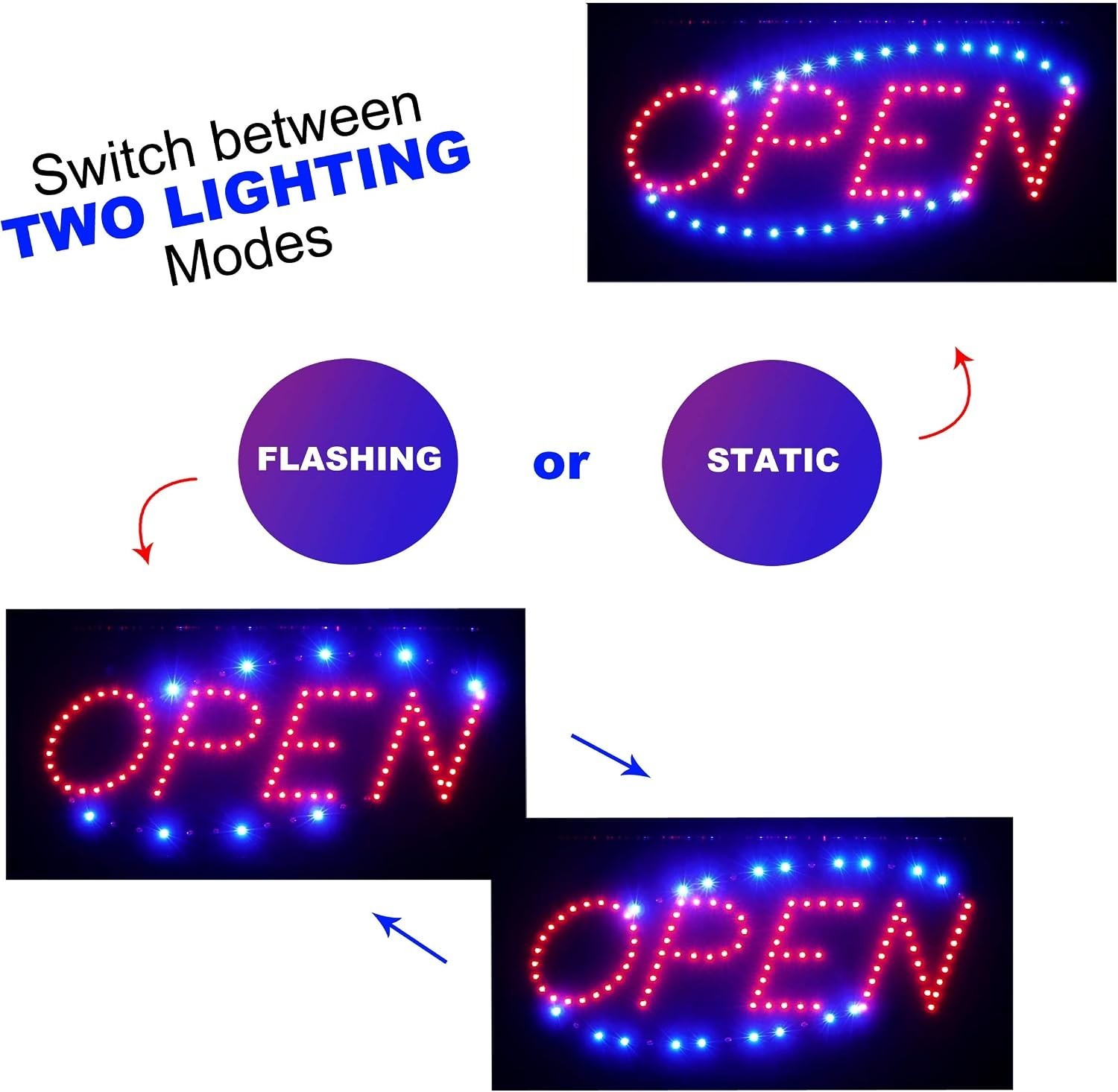 Neon Open Sign for Business: Horizontal LED Sign with Flashing Mode for Store…