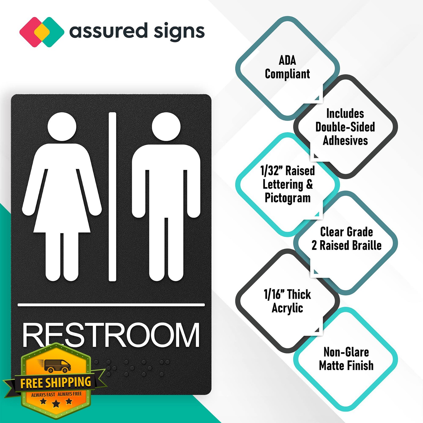 ASSURED SIGNS Unisex Restroom Sign 1 Pack Black Braille