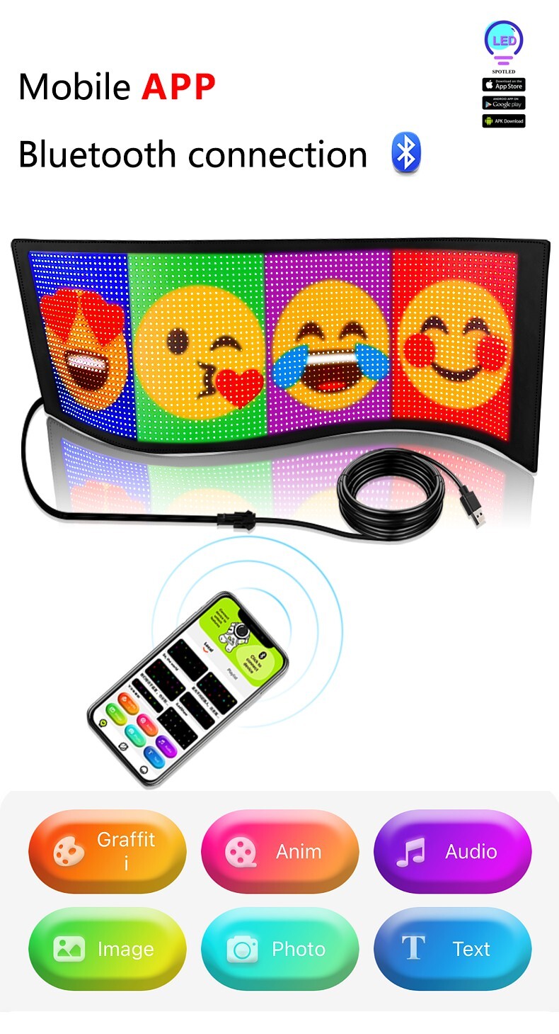 Car RGB LED Sign Scrolling Message Display Board Screen Programmable APP Control