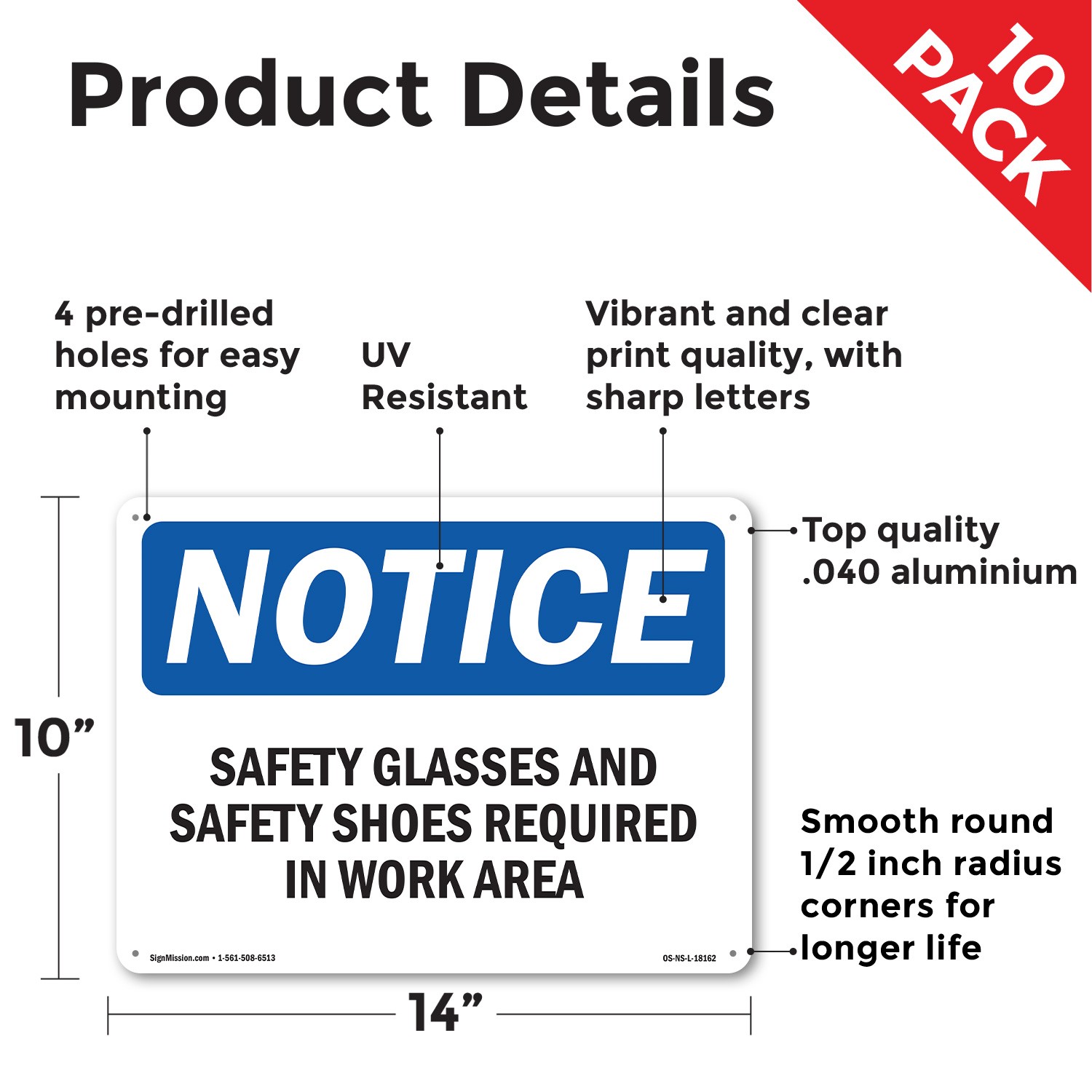 Safety Glasses And Safety Shoes Required OSHA Notice Sign, Decal 5 or 10 Pack