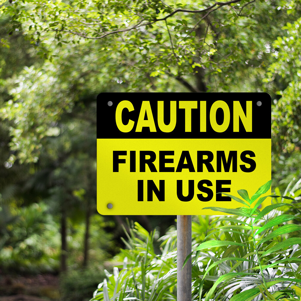 Horizontal Metal Sign Caution Firearms in Use Security Facility Property
