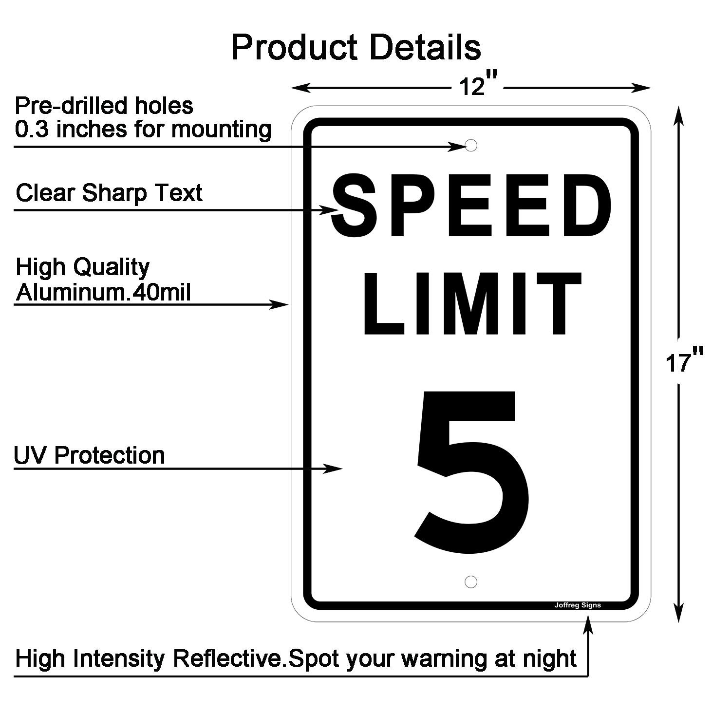 17×12 Inch Speed Limit 5 MPH Reflective Aluminum Safety Road Sign 2 PCS