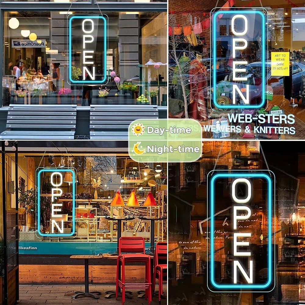 Large 23&Prime; LED Neon Open Sign, Ultra Bright Blue White, ON/OFF Switch, Bar Salon