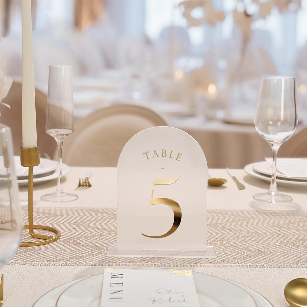 Wedding Table Numbers 115 Frosted Arch 5×7 Acrylic Gold Foil Print Holder