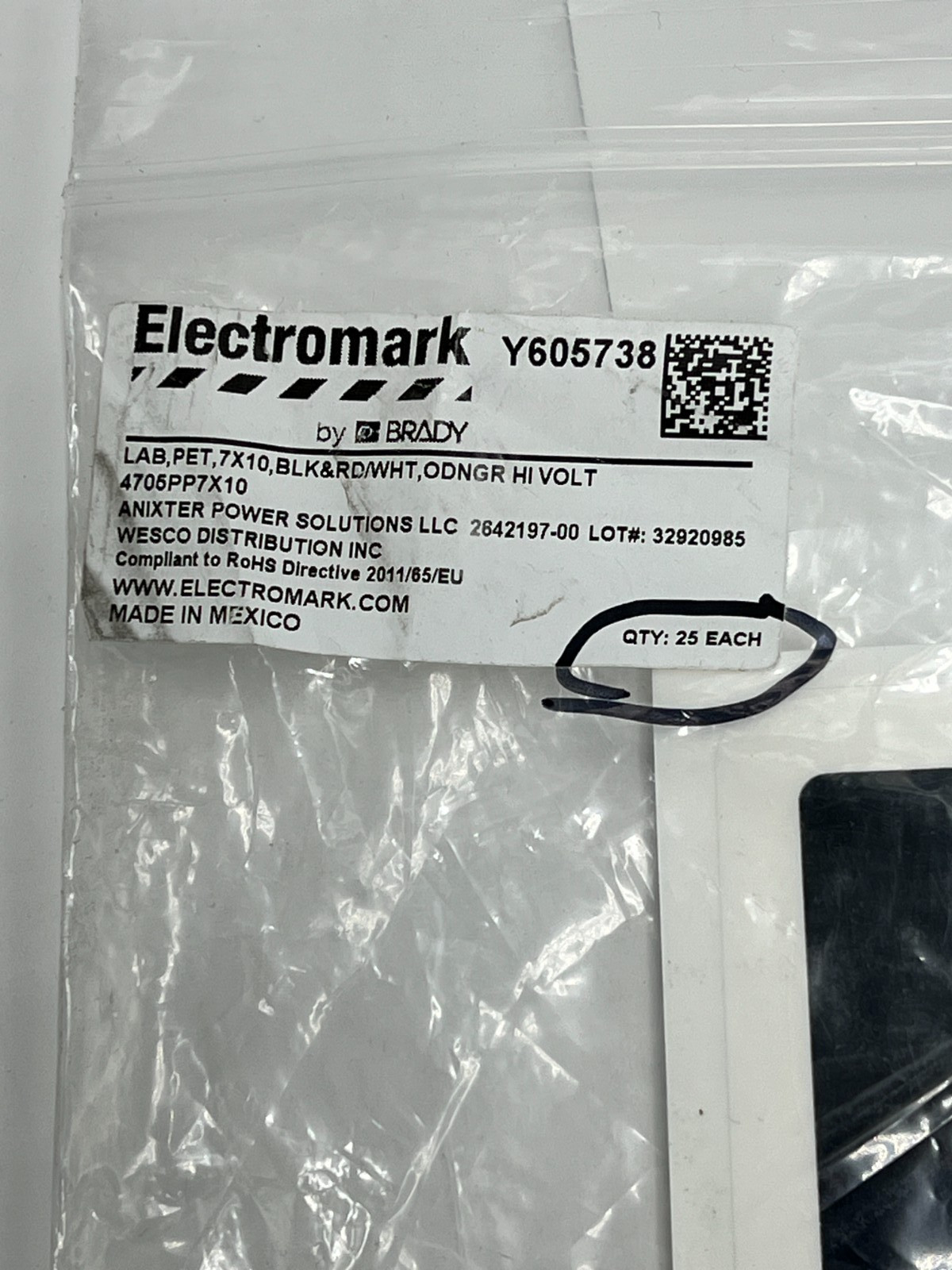 (QTY 25) Electromark 4705-PP-7X10 Black Red/White Danger High Voltage Label