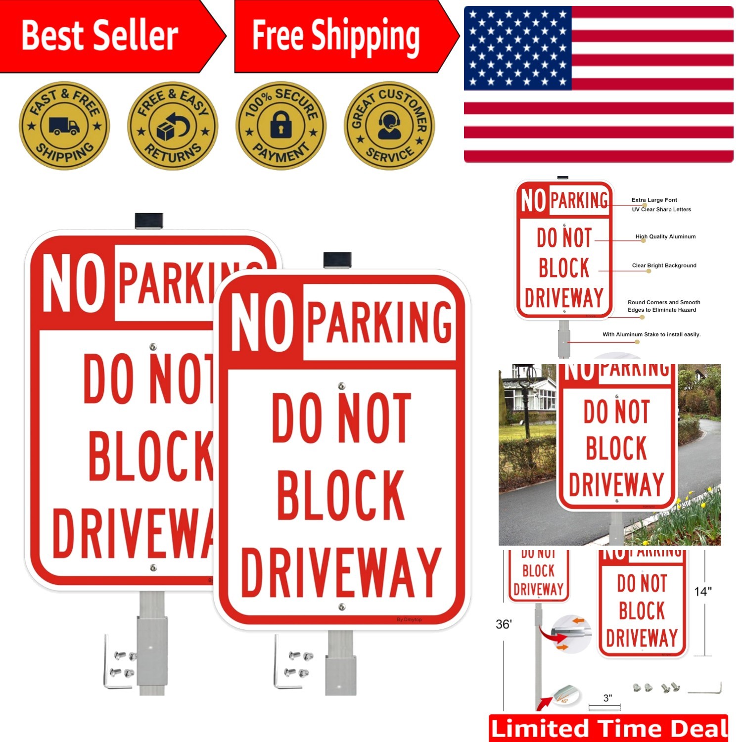 14&Prime; x 10&Prime; Reflective No Parking Signs – 2 Pack with Rust-Free Stake Included